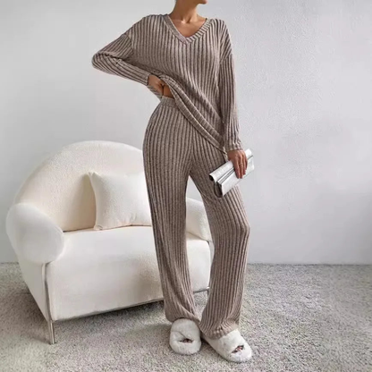Women's Ribbed Knit Two Piece Set with Long Sleeve Top and Pants
