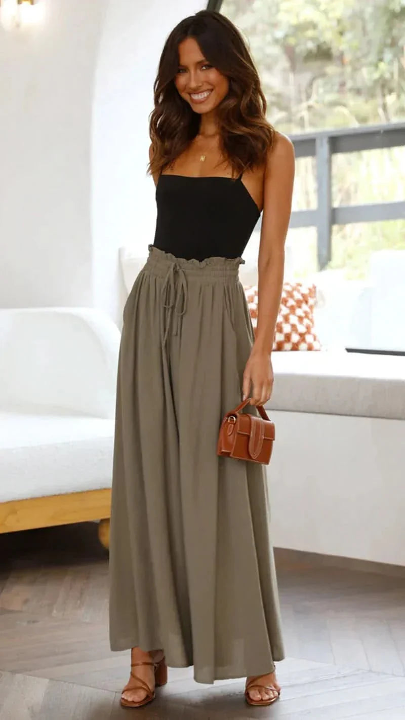Women’s High Waist Wide Leg Pants with Drawstring and Flowing Fit