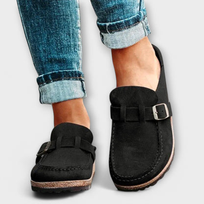 Women’s Orthopedic Slip-On Moccasins with Cushioned Insole and Buckle Detail