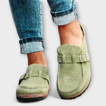 Women’s Orthopedic Slip-On Moccasins with Cushioned Insole and Buckle Detail
