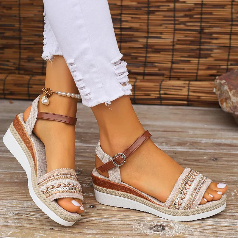Women’s Boho Wedge Sandals with Beaded Straps and Ankle Closure