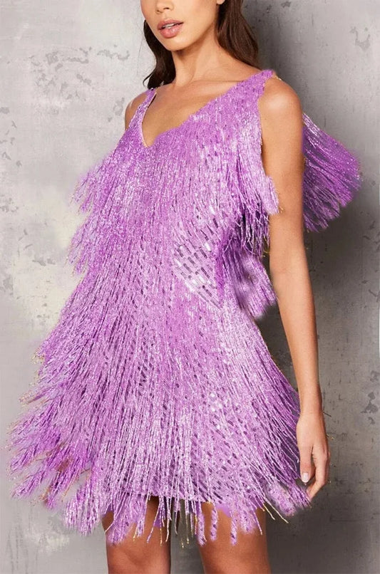Women’s Fringe Feather Sleeveless Elegant Party Mini Dress