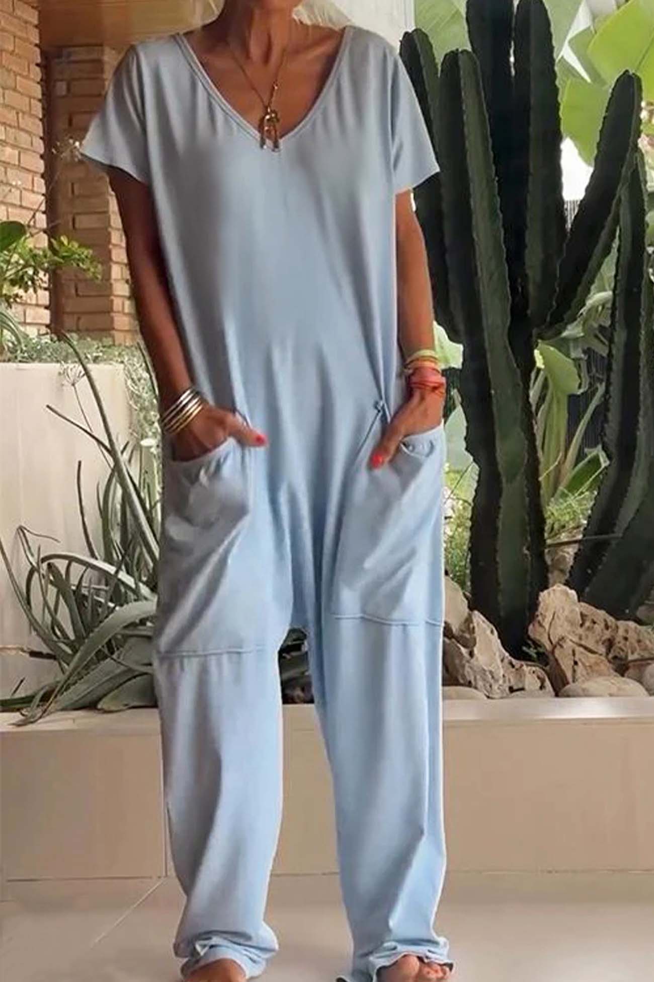 Women’s Relaxed Fit V Neck Jumpsuit with Pockets