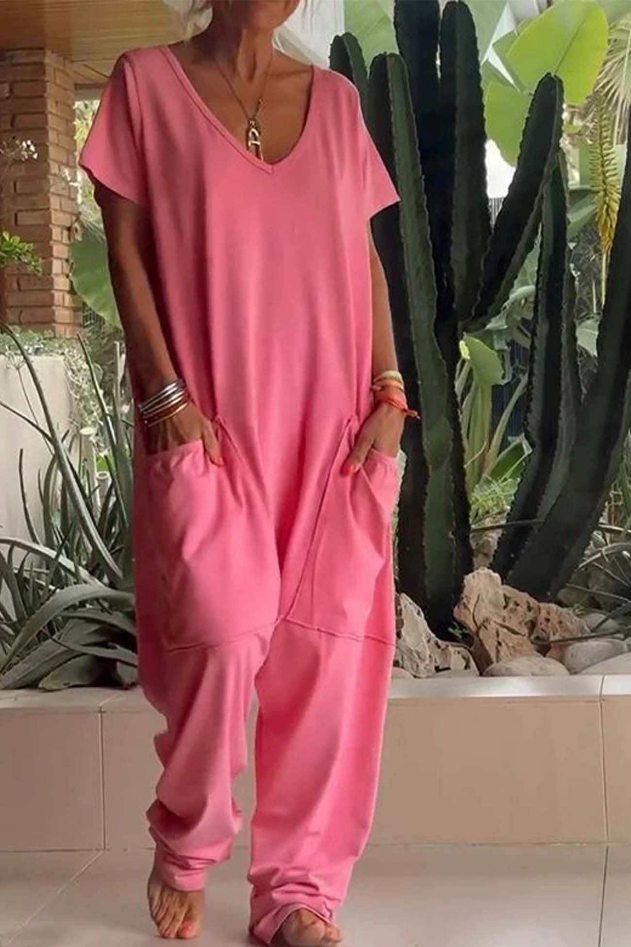 Women’s Relaxed Fit V Neck Jumpsuit with Pockets