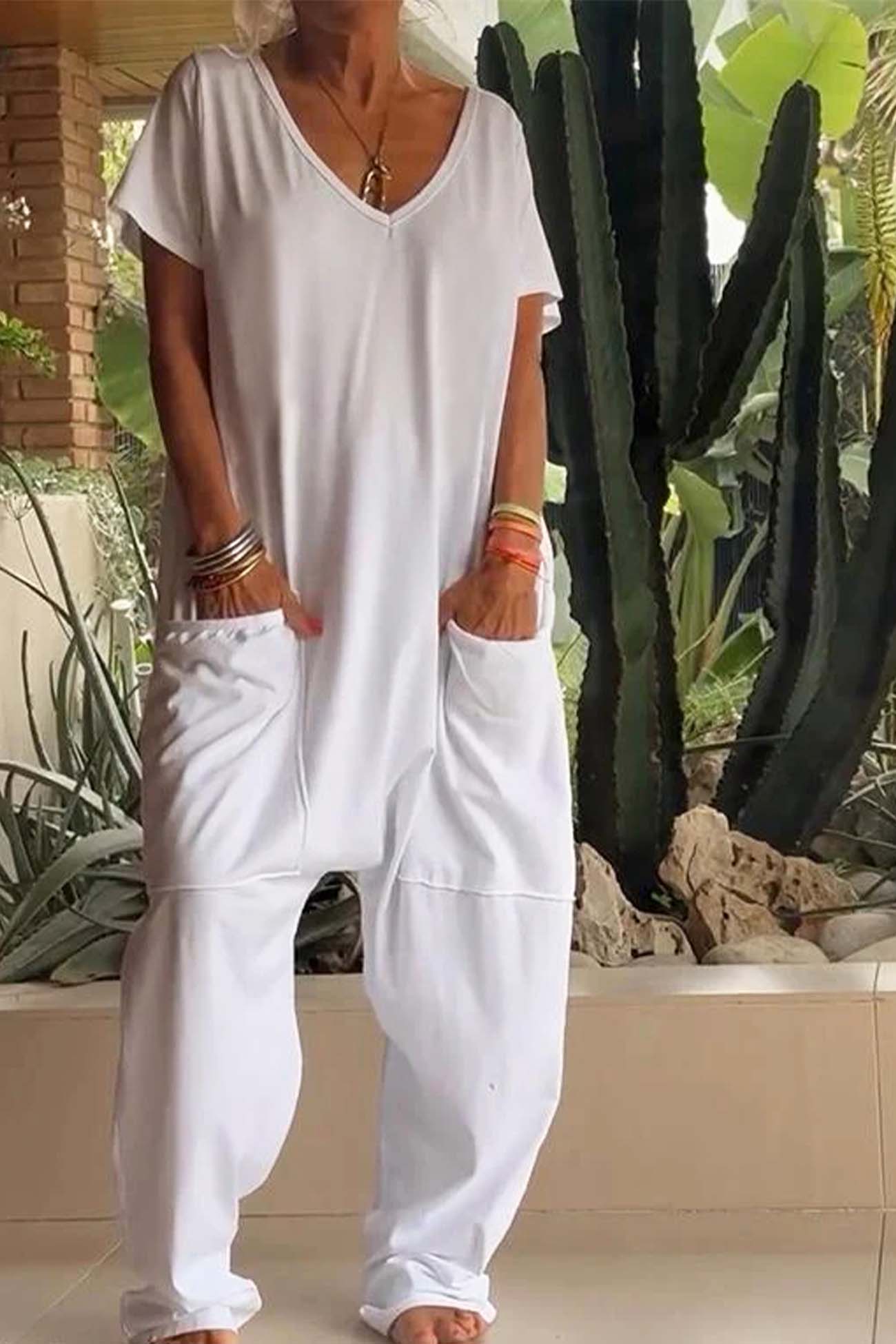 Women’s Relaxed Fit V Neck Jumpsuit with Pockets