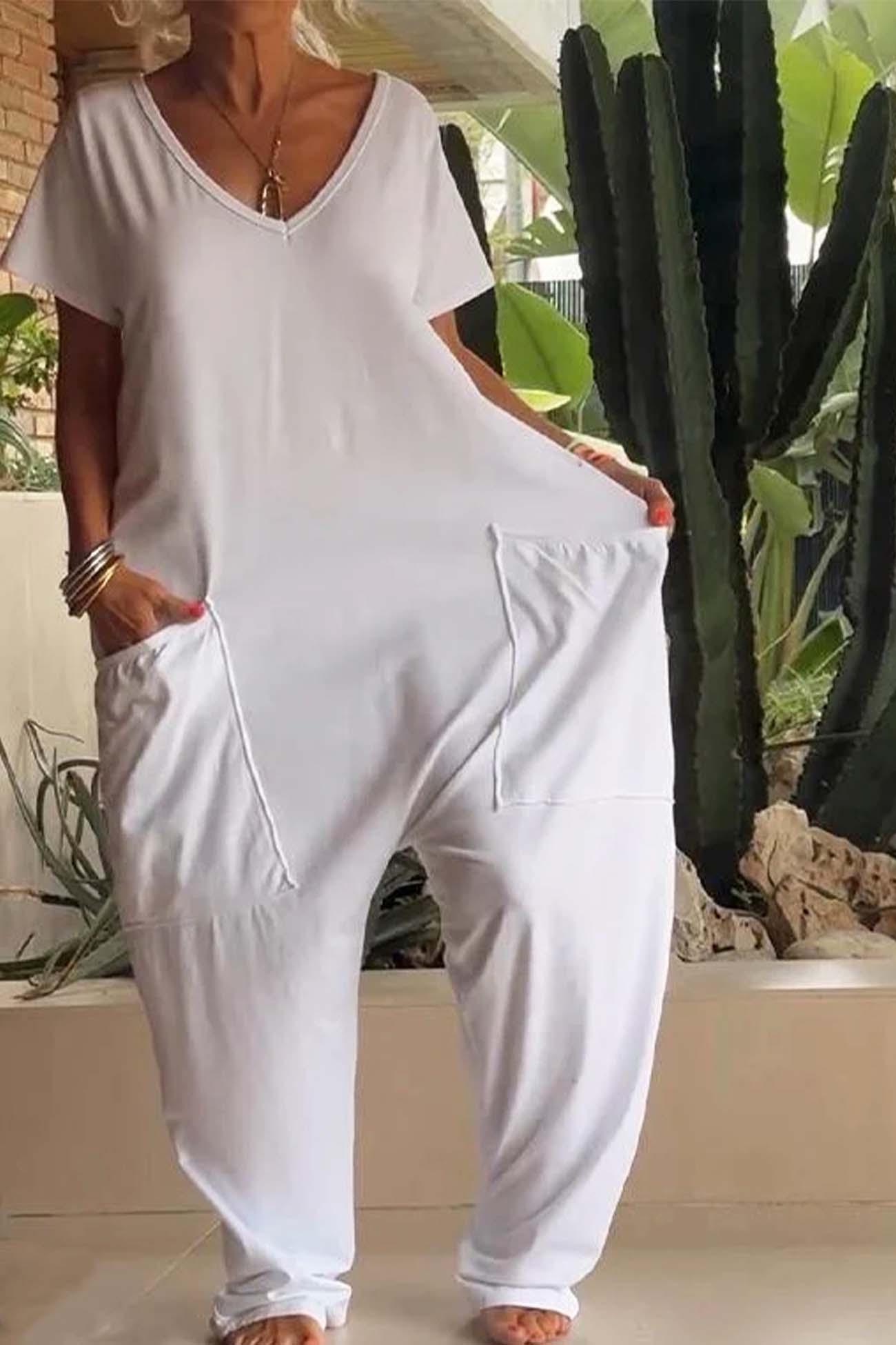 Women’s Relaxed Fit V Neck Jumpsuit with Pockets