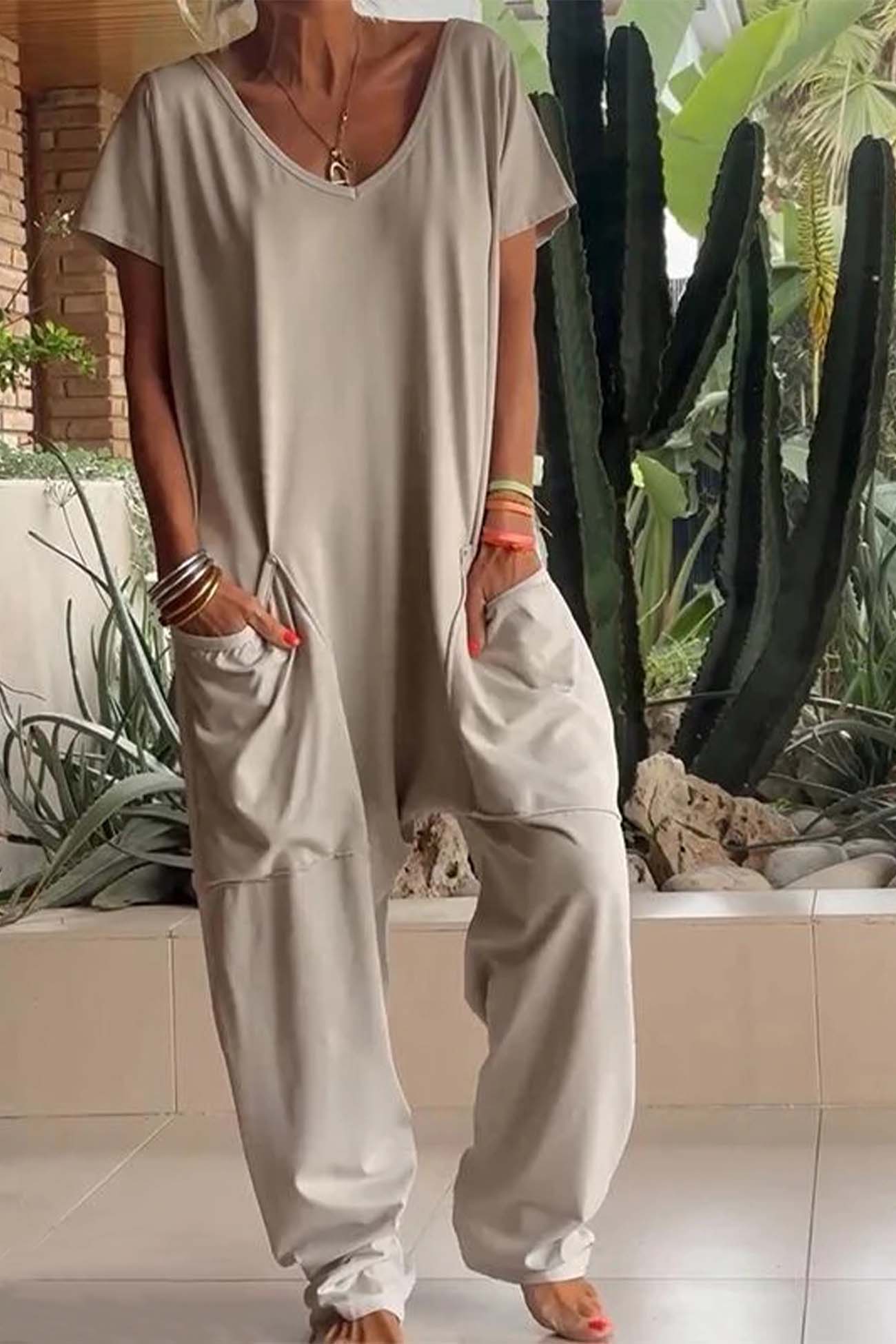 Women’s Relaxed Fit V Neck Jumpsuit with Pockets