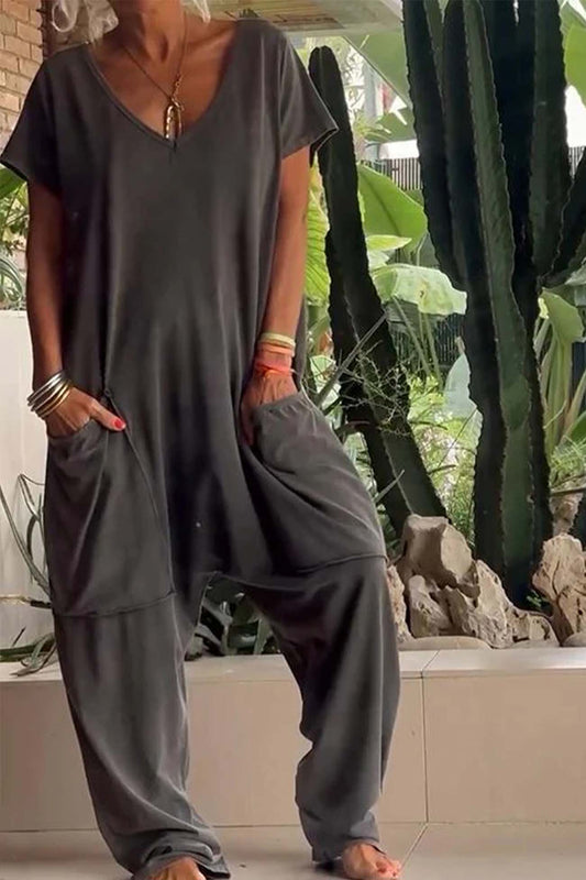 Women’s Relaxed Fit V Neck Jumpsuit with Pockets