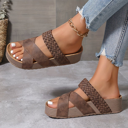 Women’s Open Toe Braided Cross Strap Sandals with Cushioned Sole