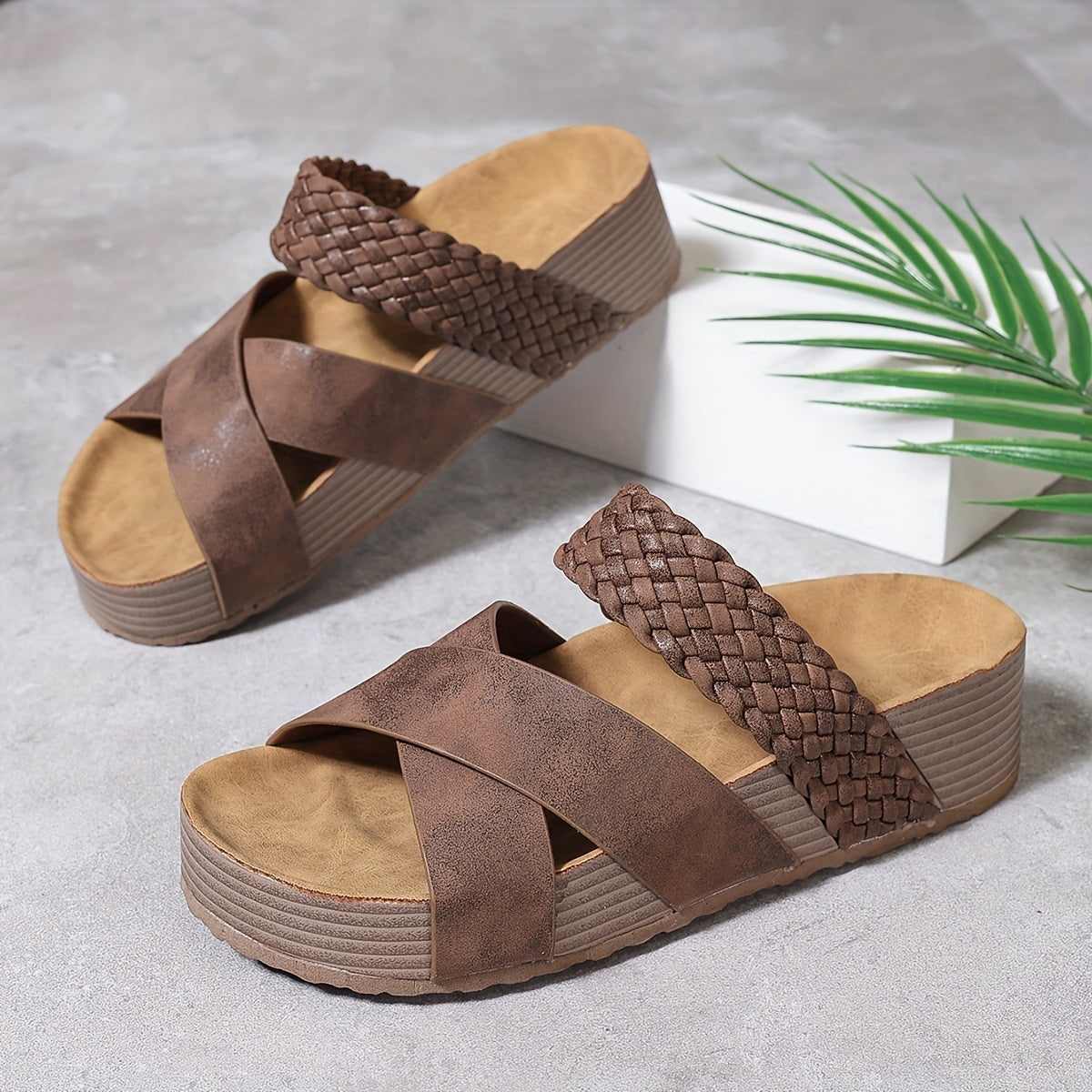 Women’s Open Toe Braided Cross Strap Sandals with Cushioned Sole