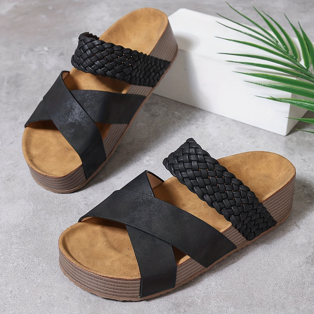 Women’s Open Toe Braided Cross Strap Sandals with Cushioned Sole