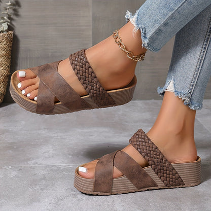 Women’s Open Toe Braided Cross Strap Sandals with Cushioned Sole