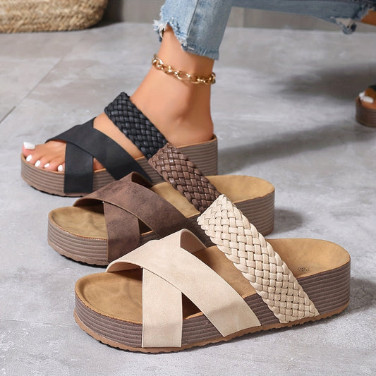 Women’s Open Toe Braided Cross Strap Sandals with Cushioned Sole