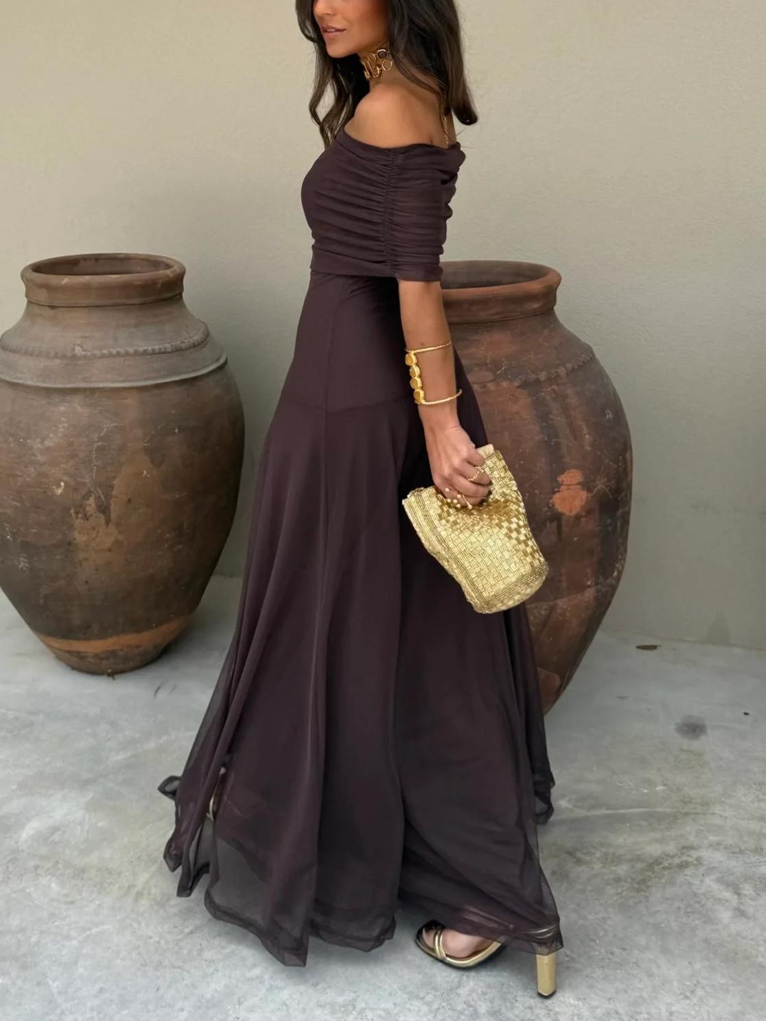 Women’s Off Shoulder Maxi Dress with Fitted Waist