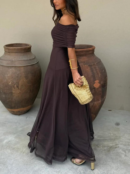 Women’s Off Shoulder Maxi Dress with Fitted Waist