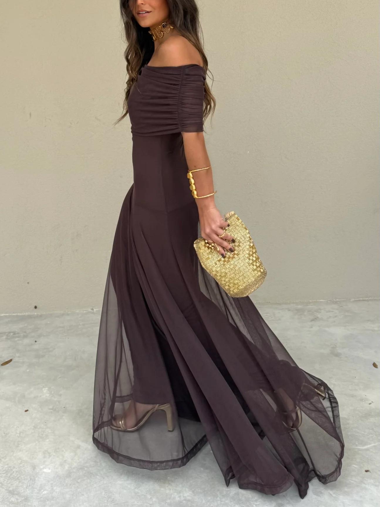 Women’s Off Shoulder Maxi Dress with Fitted Waist
