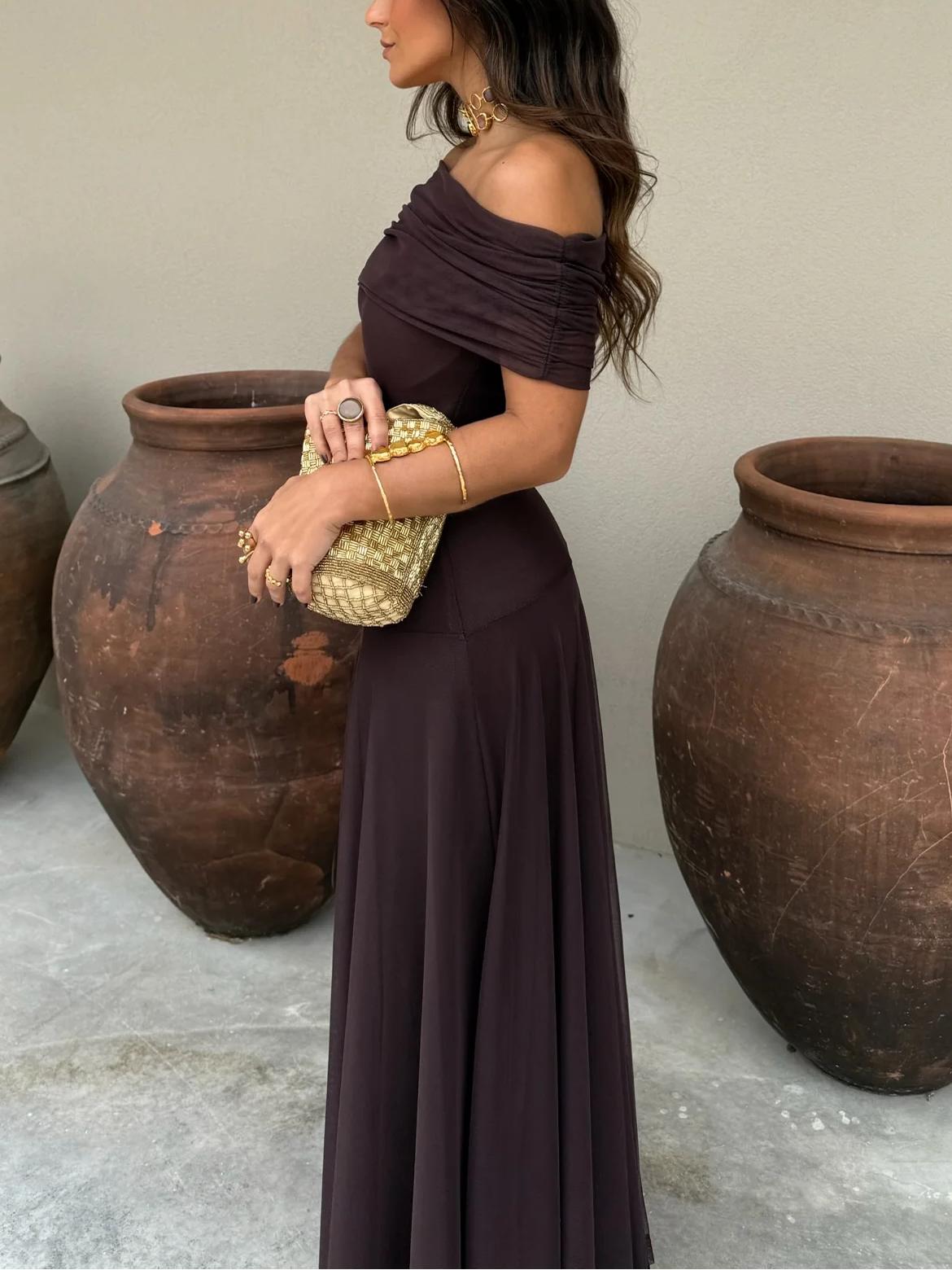 Women’s Off Shoulder Maxi Dress with Fitted Waist