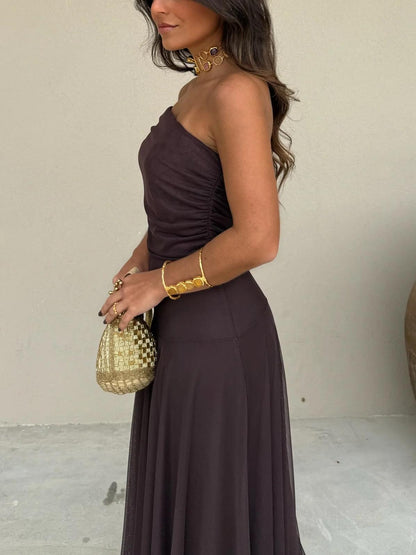 Women’s Off Shoulder Maxi Dress with Fitted Waist