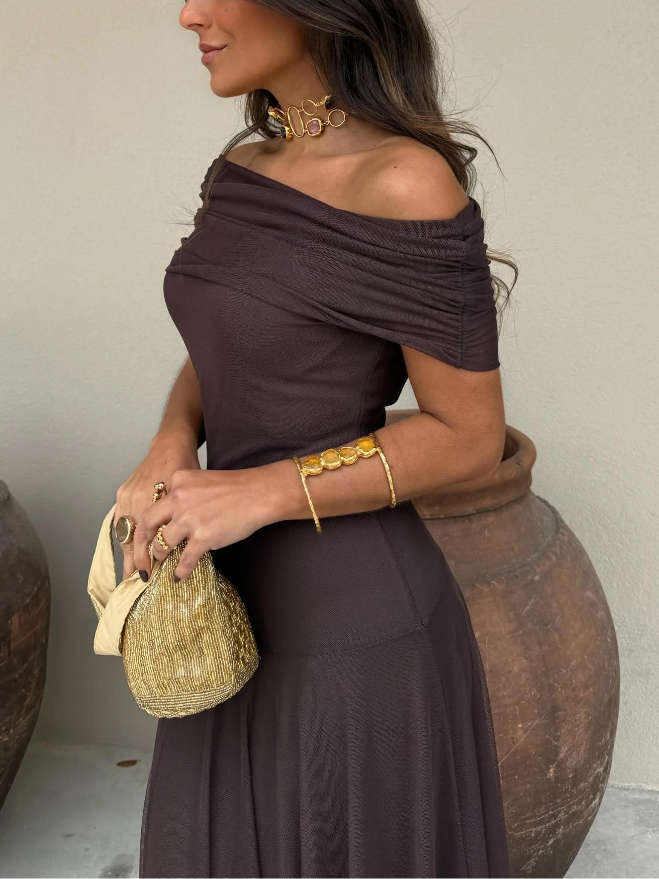 Women’s Off Shoulder Maxi Dress with Fitted Waist