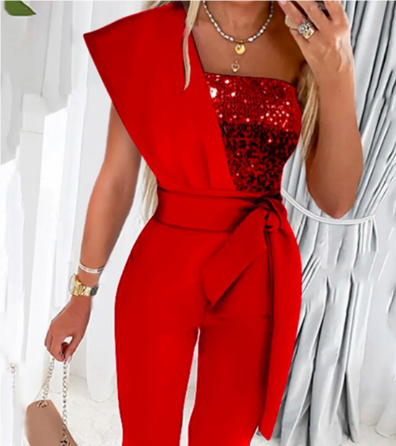 Pailletten Jumpsuit mit One-Shoulder-Design Damen