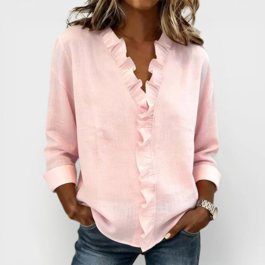 Women's Ruffle V-Neck Blouse with Long Sleeves