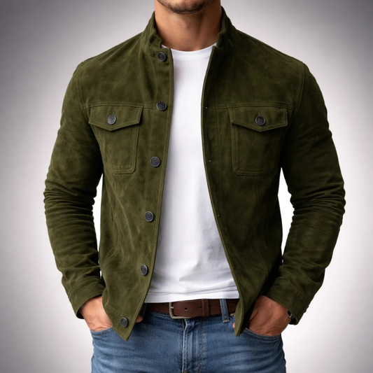 Men’s Suede Jacket with Button Closure and Utility Pockets