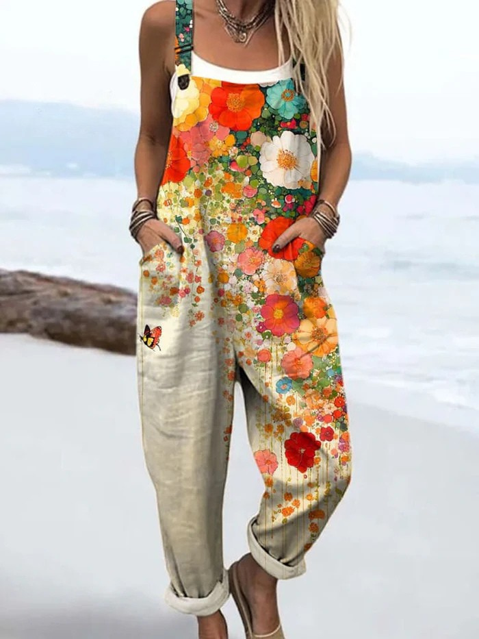Women's Floral Print Casual Jumpsuit with Pockets – Loose Fit Summer Overalls