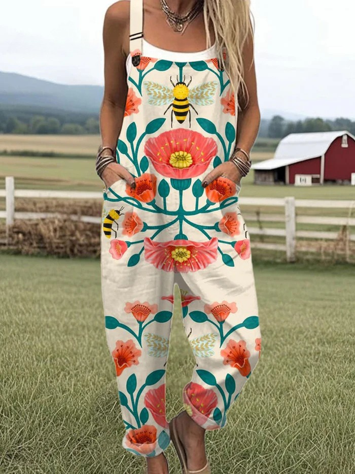 Women's Floral Bee Print Jumpsuit with Pockets – Loose Fit Casual Summer Overalls