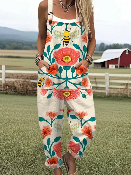 Women's Floral Bee Print Jumpsuit with Pockets – Loose Fit Casual Summer Overalls