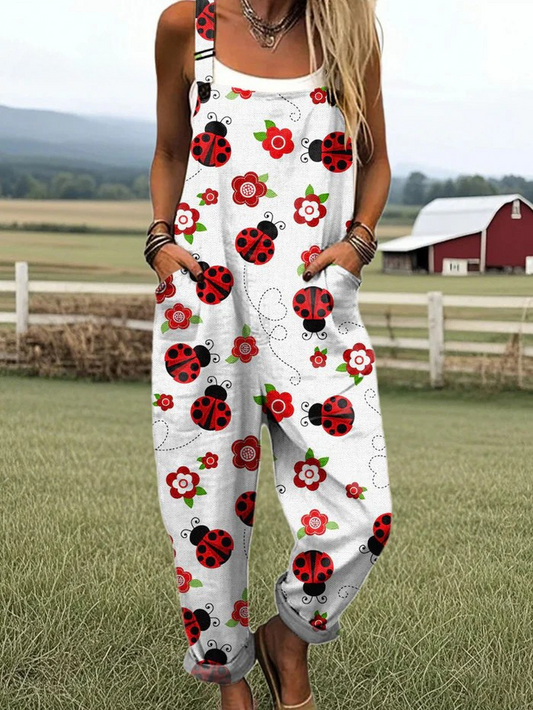 Women's Ladybug Floral Print Jumpsuit with Pockets – Loose Fit Casual Summer Overalls