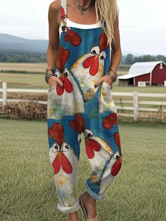 Women's Chicken Print Casual Jumpsuit with Pockets – Loose Fit Summer Overalls