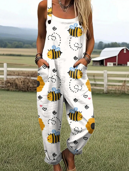 Women's Bee Sunflower Print Jumpsuit with Pockets – Loose Fit Casual Summer Overalls
