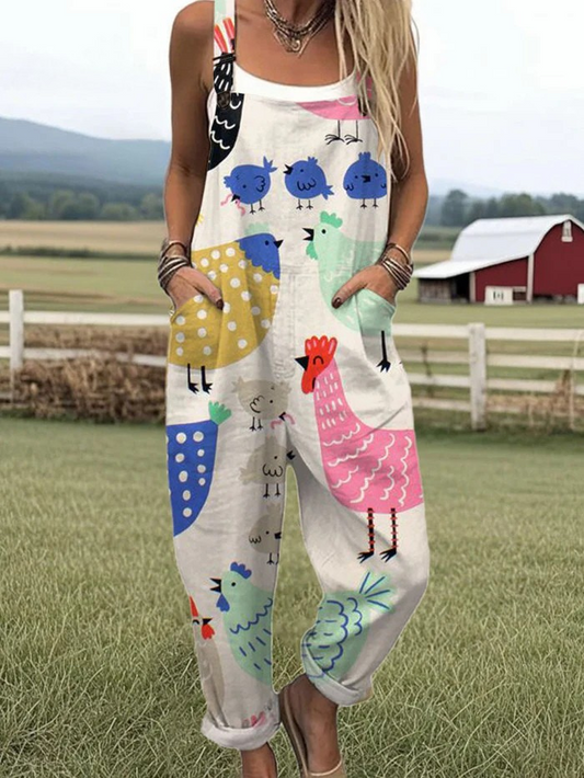 Women's Colorful Chicken Print Jumpsuit with Pockets – Loose Fit Casual Summer Overalls