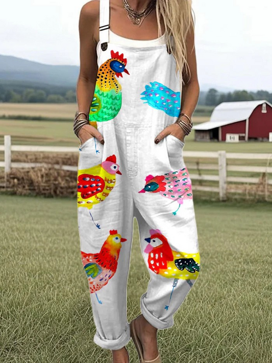 Women's Colorful Chicken Print Jumpsuit with Pockets – Loose Fit Casual Summer Overalls