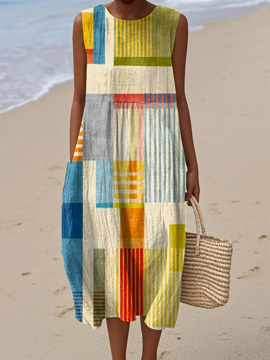 Women's Geometric Midi Dress Sleeveless Casual A Line Summer Dress