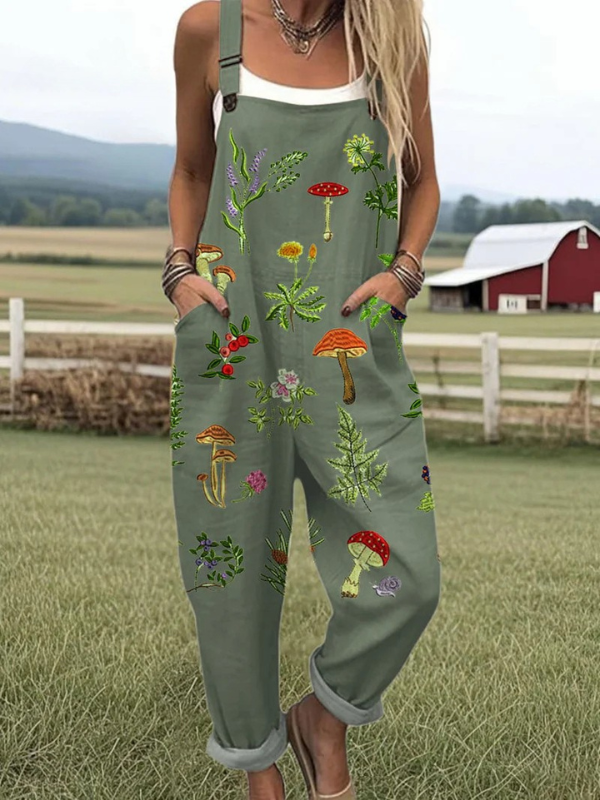 Women's Embroidered Nature Print Jumpsuit with Pockets – Loose Fit Casual Summer Overalls