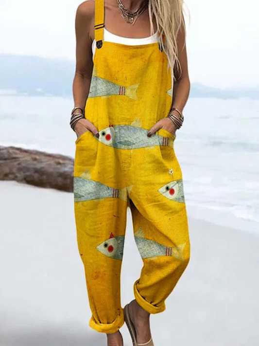 Women's Fish Print Casual Jumpsuit with Pockets – Loose Fit Summer Overalls