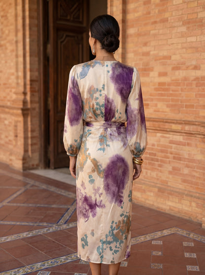 Women's Satin Midi Dress with Wrap V-Neck and Watercolor Print