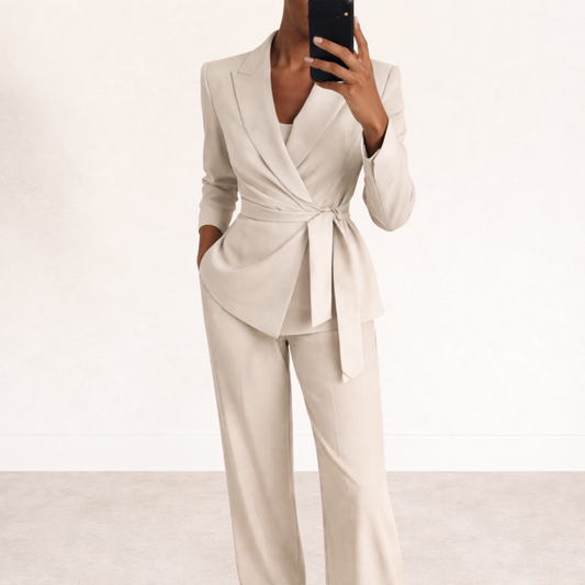 Women's Belted Blazer and Wide Leg Pants Set
