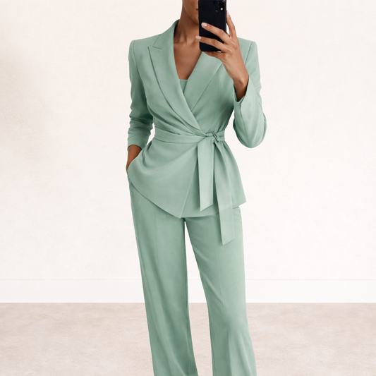 Women's Belted Blazer and Wide Leg Pants Set
