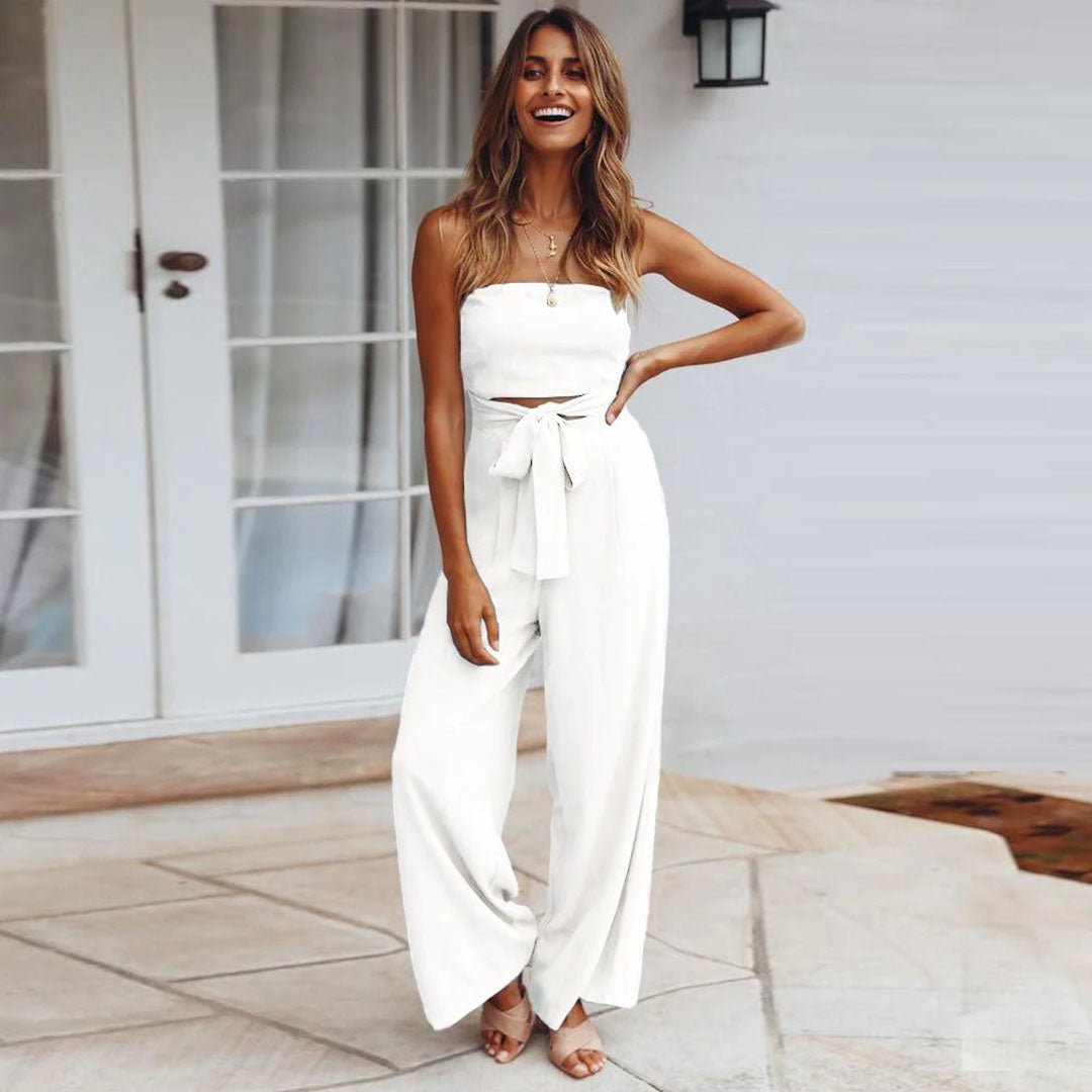 Women’s Strapless Wide Leg Jumpsuit with Tie Waist