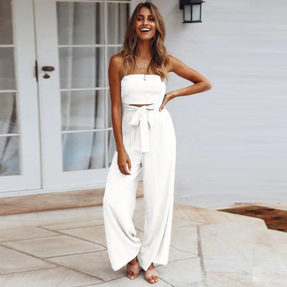 Women’s Strapless Wide Leg Jumpsuit with Tie Waist