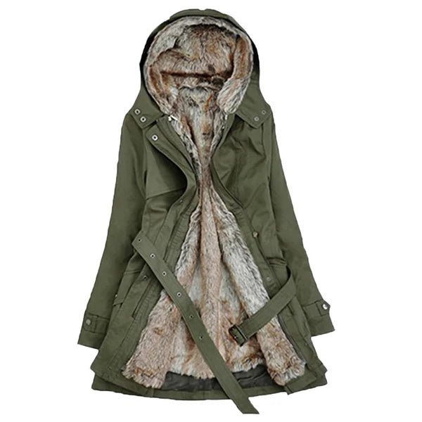 Langer Parka Mantel mit Gürtel und Fell für Winter Damen