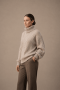 Women's Beige Cable-Knit Turtleneck Sweater