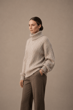 Women's Beige Cable-Knit Turtleneck Sweater