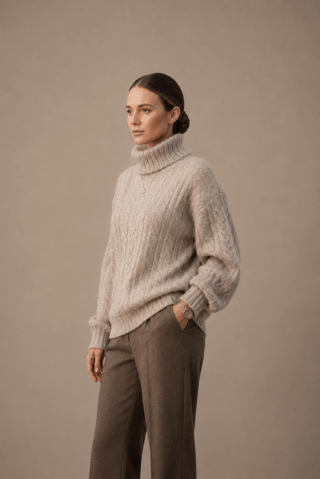 Women's Beige Cable-Knit Turtleneck Sweater