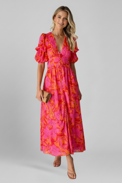 Riselda | Fashion Printed Maxi Dress with V-Neck and Short Puff Sleeves