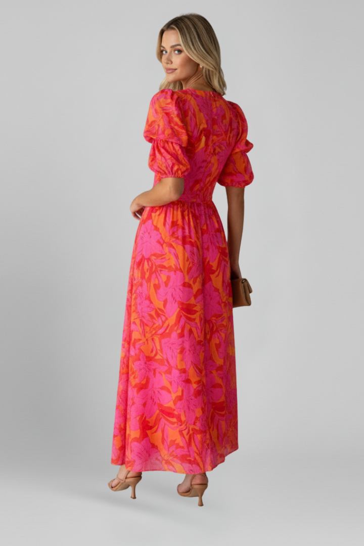 Riselda | Fashion Printed Maxi Dress with V-Neck and Short Puff Sleeves