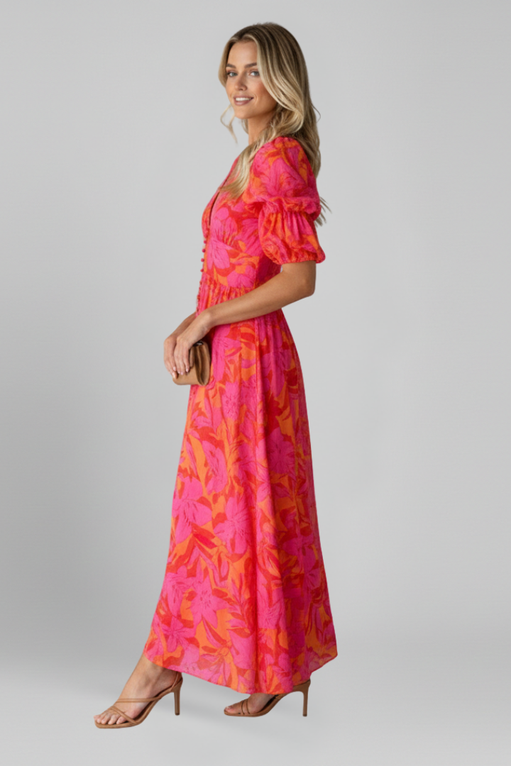Riselda | Fashion Printed Maxi Dress with V-Neck and Short Puff Sleeves