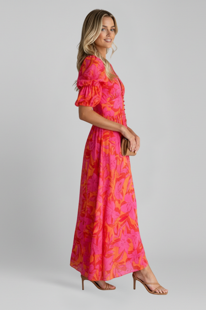 Riselda | Fashion Printed Maxi Dress with V-Neck and Short Puff Sleeves